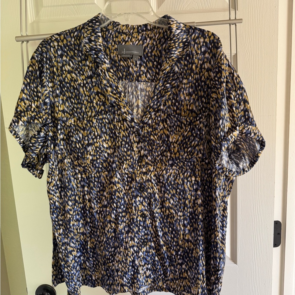 Anthropologie Button Up Blouse in Navy, Mustard & Cream Abstract Print